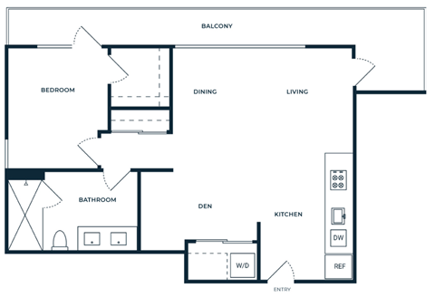 Floor plan for 1 bed, 1 bath, 851 sqft